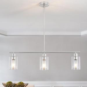 3 Lights Kitchen Island Lighting Brushed Nickel Pendant Light Fixtures with Glass Shade 31" Dining Room Chandeliers Adjustable Height Modern Linear Ceiling Hanging Light for Living Room, Foyer