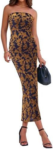 BTFBM Women Spring Dresses 2025 Elegant Wedding Guest Dresses Bodycon Tube Maxi Dress Split Floral Cocktail Dress, Golden, Large