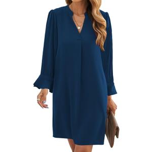 Wkior Elegant Dresses for Women V Neck Long Sleeves Casual Solid Color Blue Dress XL