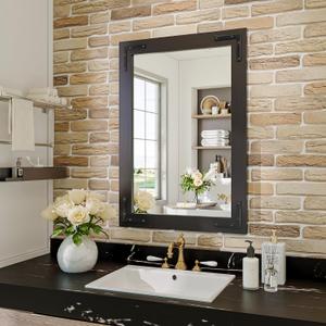 Black Farmhouse Bathroom Mirror, 18x26 Inch Black Wooded Framed Vanity Mirror for Wall, Rectangular Rustic Wall Decor Mirrors for Entryway Living Room Bedroom