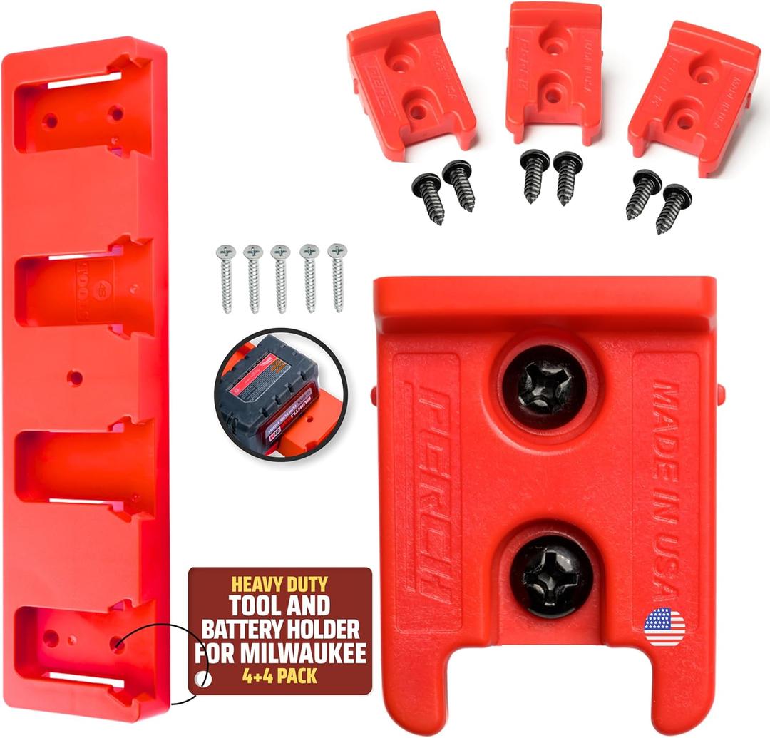 PERCH 4 Pack Milwaukee Tool Holder with 4 Pack Milwaukee Battery Holder for Milwaukee 18v Tools and Milwaukee 18v Battery