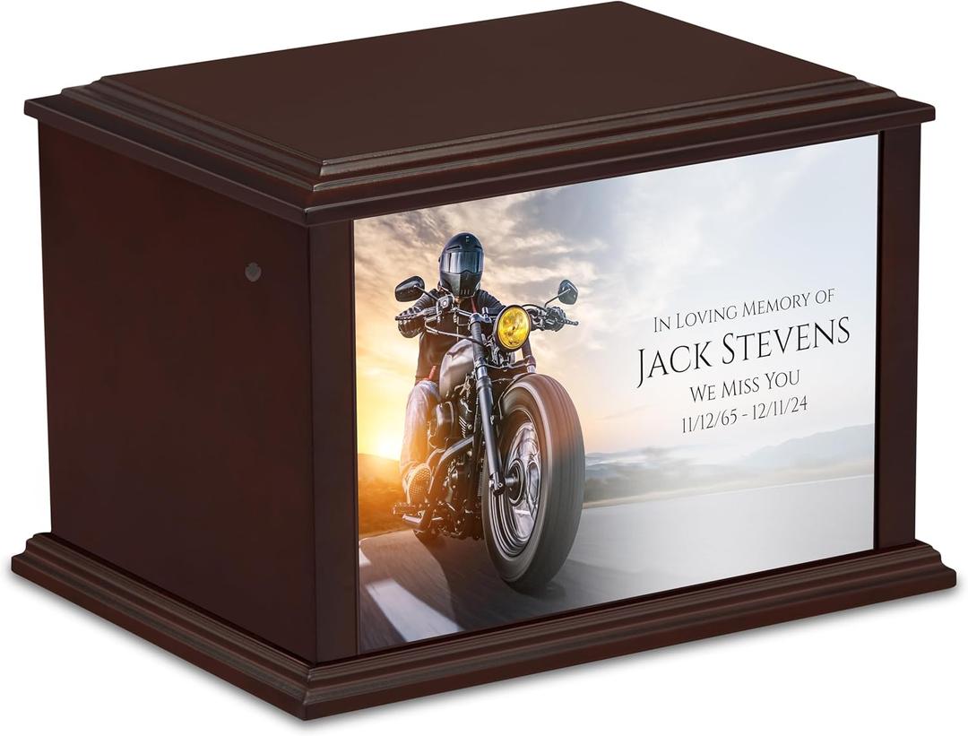 GetUrns Heritage Everlasting Expressions Adult Cremation Urn Memorial Box for Ashes with Custom Printing (Motorcycle)
