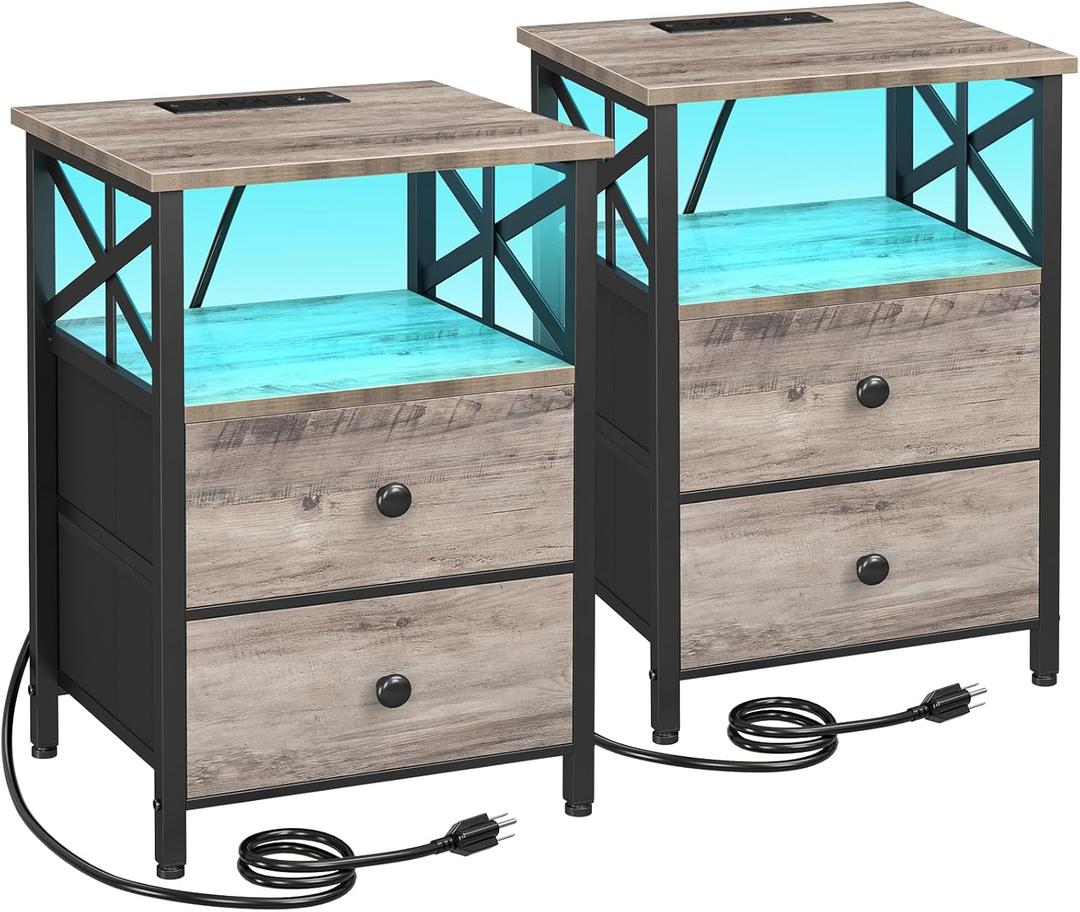 AMHANCIBLE Night Stand Set of 2 with Charging Station and LED Lights, Large 2-Drawer Bedside Tables with USB Ports and AC Outlets, Modern Nightstand for Bedroom, Grey, HET052LGY (Greige)