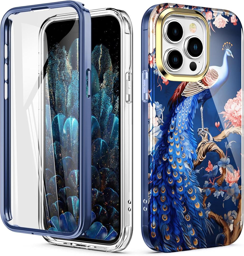 Cute Flower Case for iPhone 16 Pro 6.3 inch Built with Screen Protector, Lightweight and Stylish Full Body Shockproof Protective Rugged TPU Case for Women/Girls-Peafowl