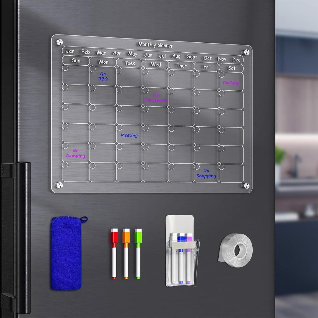 1pc 17"X13" Monthly Acrylic Magnetic Dry Erase Board for Fridge Clear Monthly Meal Planner, Magnet Week Calendar for Refrigerator 6 Colors Markers and Pen Container
