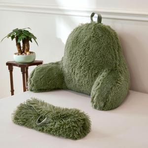 XeGe Faux Fur Reading Pillow Cover (No Filler), Fluffy Back Rest Pillow Case for Bed Sitting Up, Adults Kids Shaggy Sit Up Back Support Pillow Cover with Arms Couch Chair Home Decoration, Sage Green (Large)