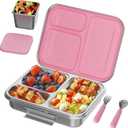 Large Stainless Steel Lunch Box - 3 Compartments & Extra Container, Holds a Variety of Foods, Metal Bento Box Adult, Dishwasher Safe, for School and Office(Pink)