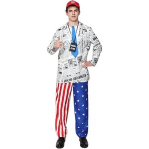 EraSpooky Mens Fake News Anchor Costume, News Reporter Journalist Outfits, Adult Patriotic Suit with Hat, Tie and Press Pass (XL)
