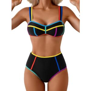 Eomenie Bikini Sets for Women Two Piece Swimsuits High Waisted Color Block Bathing Suits Tie Back Swimwear (Medium, Black Yellow Blue)