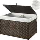 GREENSTELL Storage Basket with Lid, 17.2 Gallon(65L) Small Wicker Blanket Storage Basket with Handles, Foldable, 2 Removable Liner Bags, Metal Frame, for Bedroom, Laundry Room, Brown, 22.2"*13.4"*13.4"