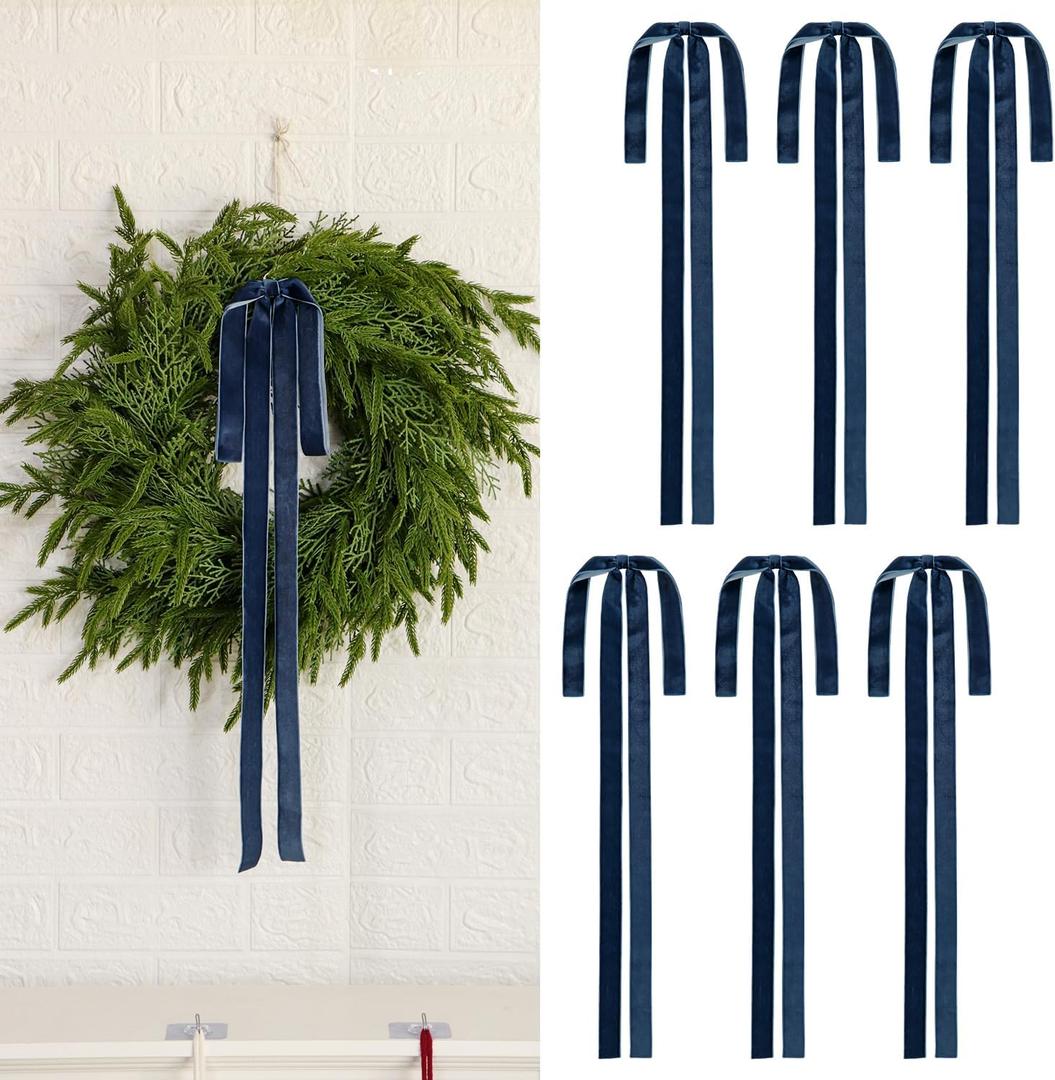 6 Pcs Vintage Velvet Christmas Bows - 23.6 x 15.7 Inch Rustic Large Wreath Bow for Xmas Tree Topper Garland Swags Staircase Fireplace Mantel Wedding Home Decor (6, Navy Blue)