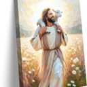 GKQNMU Jesus Carrying The Lamb Canvas Wall Art Jesus leaves the 99 sheep Wall Decor Picture Christ the Good Shepherd Printed Painting for Living room bedroom church Decoration Ready to Hang