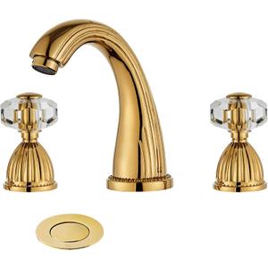 Shiny Polished Gold Widespread Bathroom Sink Faucet,Two Crystal Handle Three Hole Brass Lavatory Vanity Faucet,8-16 Inch Basin Mixer Tap with Pop Up Drain Assembly