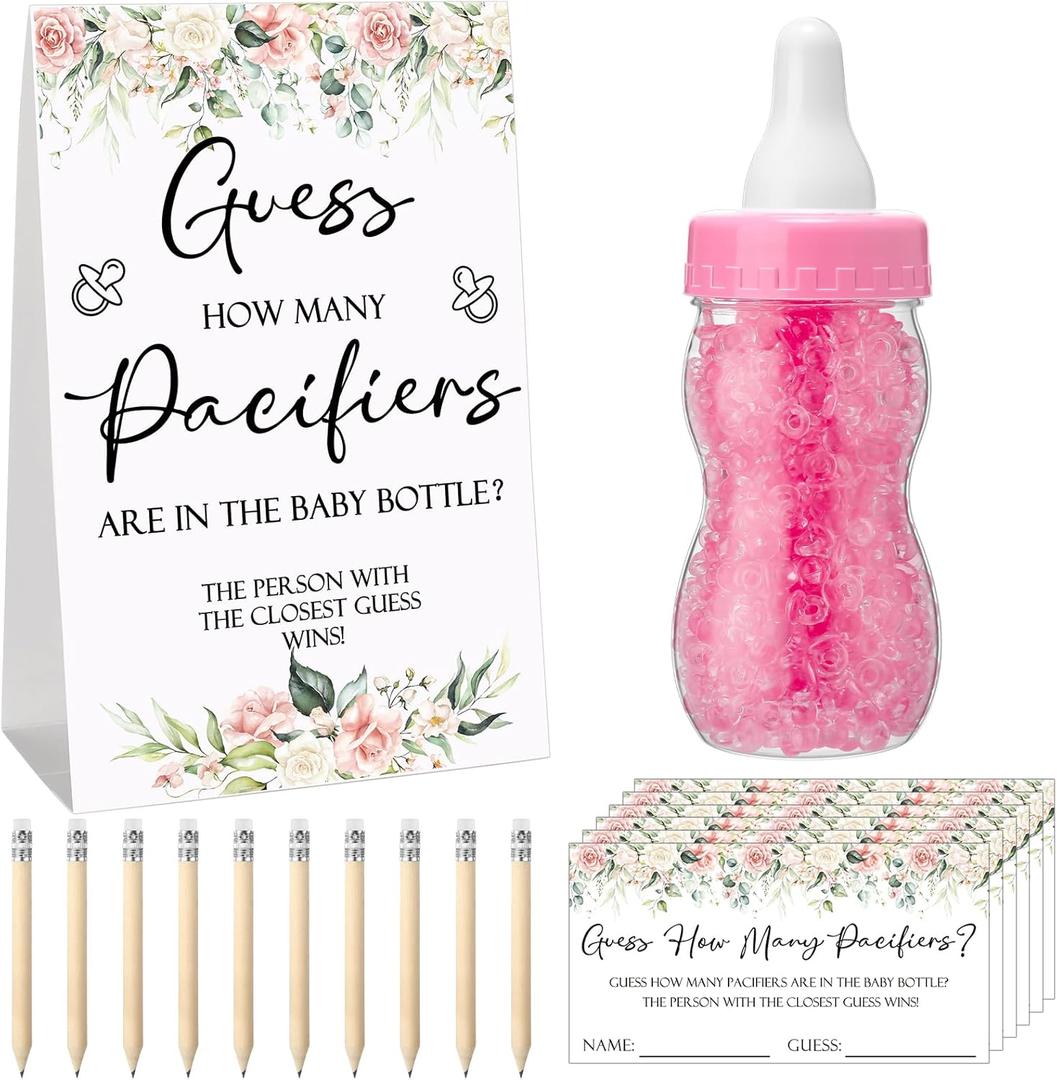 Roowest 512 Pcs Baby Shower Games Guess How Many Pacifiers Sign 100 Small Guessing Games 10 HB Pencils 750ml Milk Bottle 400 Acrylic Pacifiers Decoration for Guest Gender Reveal(Pink,Flower)