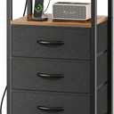 Huuger Nightstand with Charging Station, 27.6 Inch End Table Bedside Table with USB Ports and Outlets, Fabric Drawers, Night Stand for Bedroom, Rustic Brown and Black