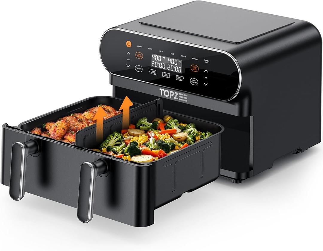 11-QT Large Air Fryer - 8 in 1 XL Airfryer with Flex Basket, Divider for Dual Cooking, Preheat, Air Fry, Roast, Broil, Bake, Reheat, Dehydrate, French Fries, Dishwasher Safe, Black (Extra Large)