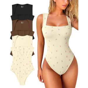 OQQ Women's 3 Piece Bodysuits Sexy Ribbed Strappy Square Neck Sleeveless Tummy Control Tank Tops Bodysuits (Black,coffee,roses Beige)
