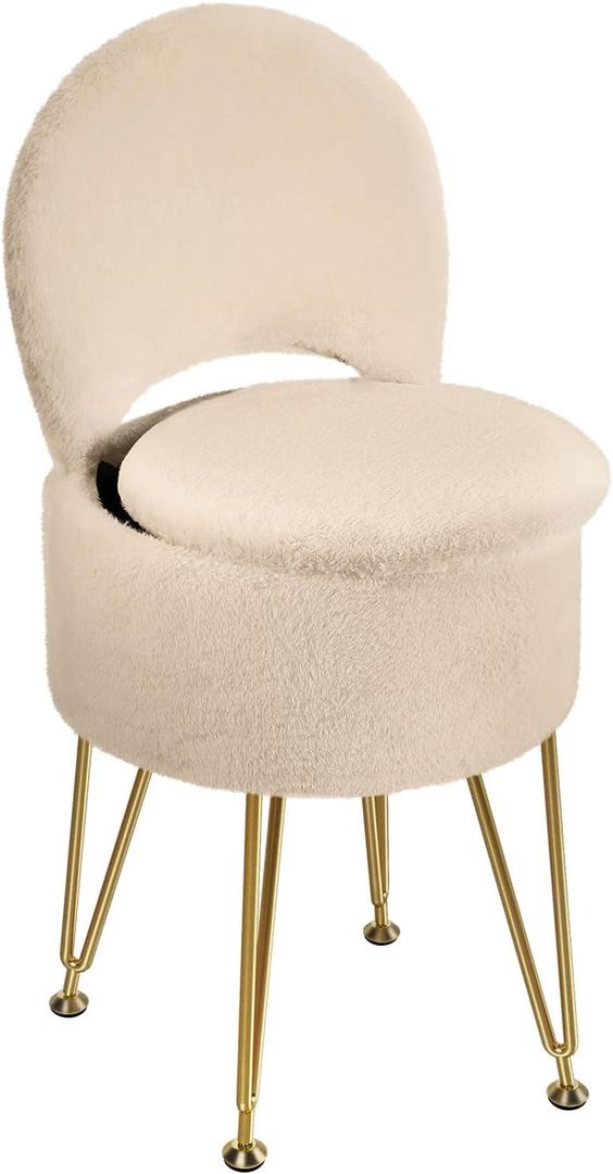 GREENSTELL Vanity Stool Chair with Storage and Folding Back, 15.7" x 15.7" x 19.5" Faux Fur Soft Ottoman for Adults, 4 Metal Legs with Anti-Slip Feet, Furry Padded Seat for Makeup, Bedroom, Camel
