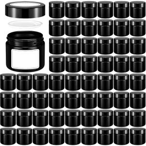 Layhit 60pcs 2 oz Glass Jars with Lids Empty Round Cosmetic Jars Travel Storage Jar with Inner Liners White Labels for Scrubs, Lotions, Cosmetic,Spice,Powder and Ointments (Black,Black Lid)