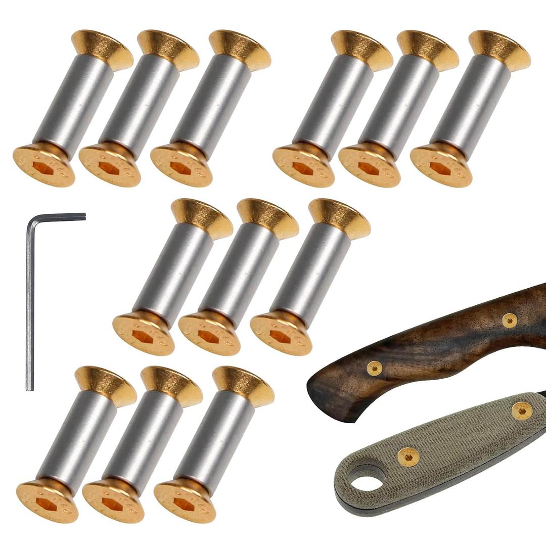 12 Packs Knife Handle Screws Rivets Bolts Fasteners, Gold Hex Flat Head Screws for Knife Blade Fixing (17.2mm,for 5mm knives handle hole)