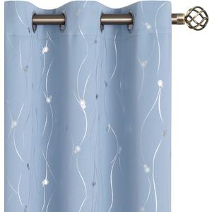 BGment Room Darkening Curtains 63 Inches Long, Grommet Thermal Insulated Blackout Curtains with Wave Line and Dots Printed for Bedroom, 2 Panels, Each 42 x 63 Inch, Light Blue