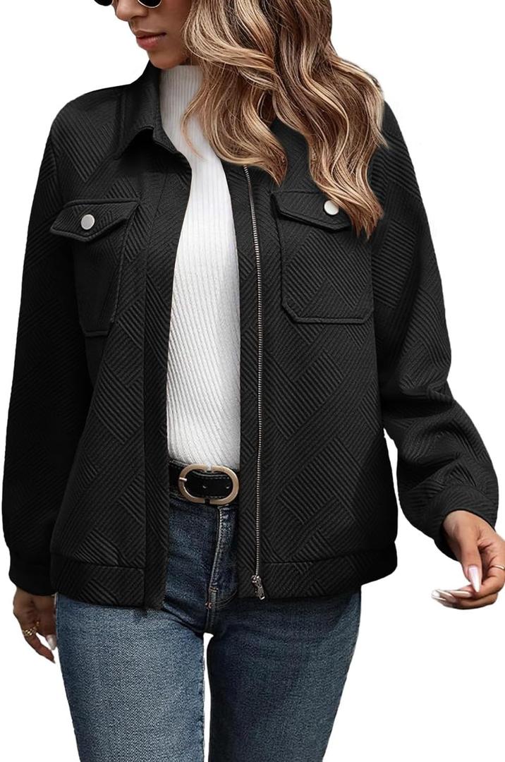 SHEWIN Jackets for Women Fall Fashion 2025 Casual Zip Up Shacket Jacket Lightweight Long Sleeve Shirts Tops (Black, XXL)