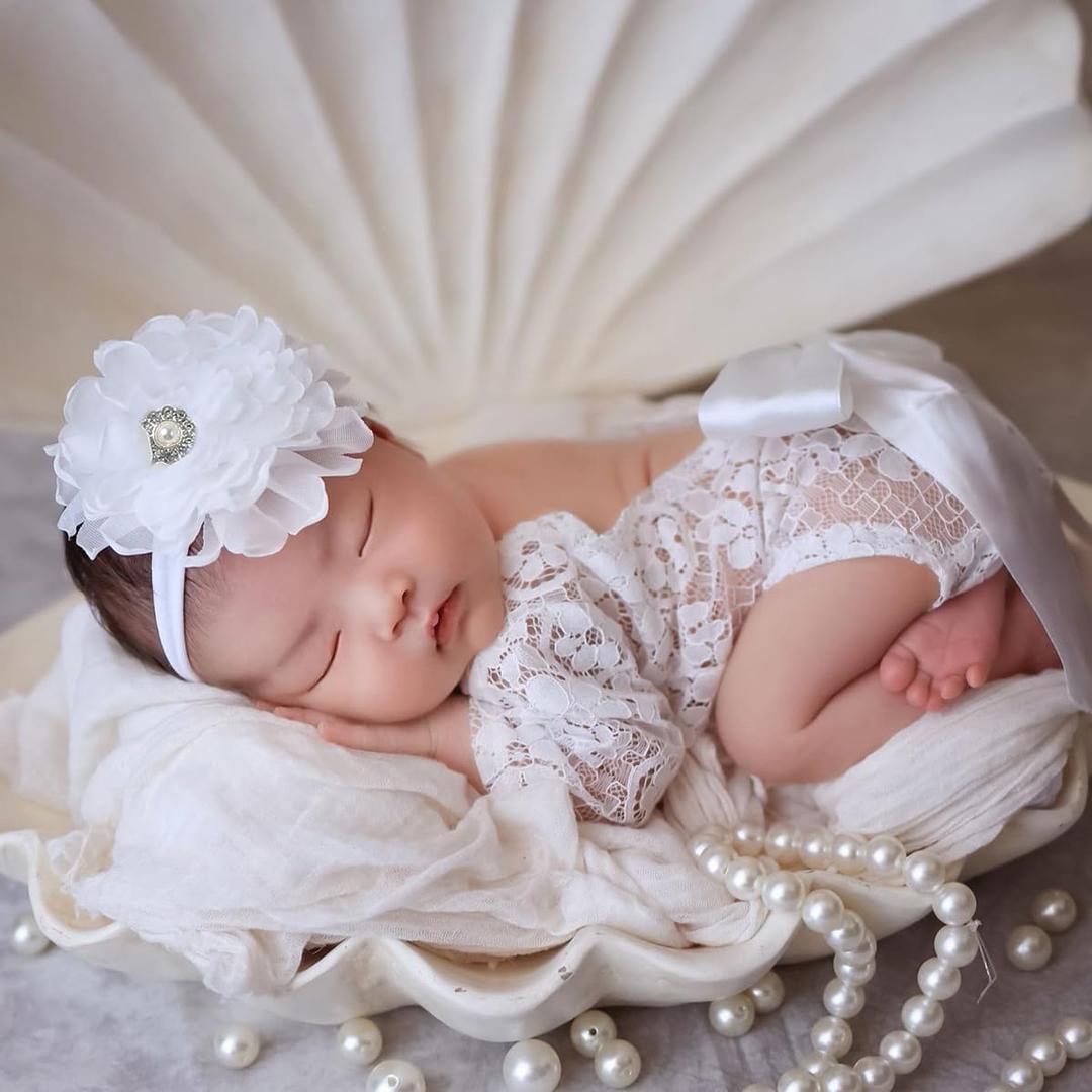 Ylsteed Newborn Photography Outfits - Girl Props Lace Romper Baby Photo Shoot Outfits Girls Photo Props (Big Flower+White Set)