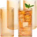 MyGift 12 oz Gold Tint Fluted Highball Drinking Glasses, Ribbed Textured Glass 6 Inch Tall Tumblers for Cocktail Beverage, Iced Coffee or Tea, Water Drink Cup, Glassware Set of 4
