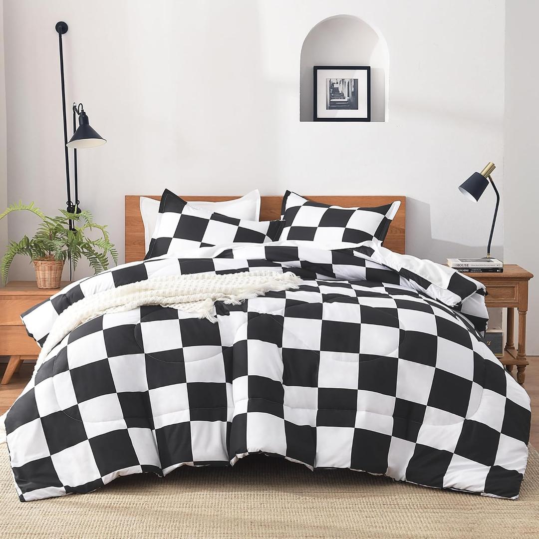 Andency Checkered Comforter Twin(66x90Inch), Black White Plaid Gingham Bed Set for Teen Boys Kids, Lightweight Polyester Geometric Preppy Bedding, 2 Pieces