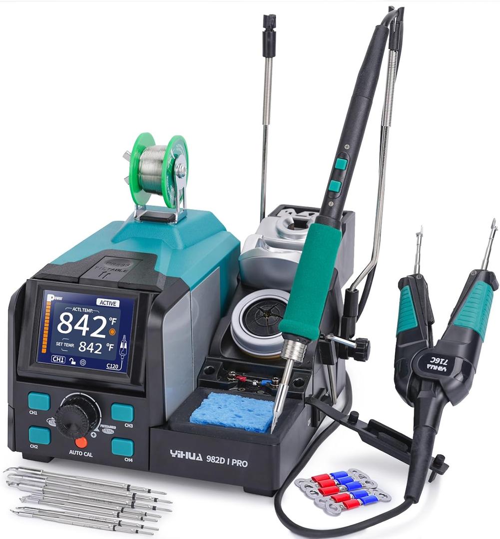 YIHUA 982D-I PRO 2 IN 1 Precision Microsoldering Iron Hot Tweezers Soldering Station with 10 Tip Cartridges, Individual Operating Interfaces, Dual Holder, Auto Temp Calibration, 4 Pre-set Channels