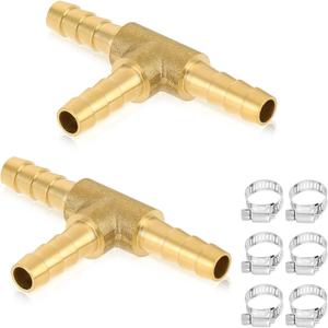 2Pcs 1/4" x 1/4"x 1/4" Brass Tee,Brass Hose Barb Tee T-Shaped 3 Ways Union with 6pcs Stainless Steel Pipe Clamps for Water/Fuel/Air