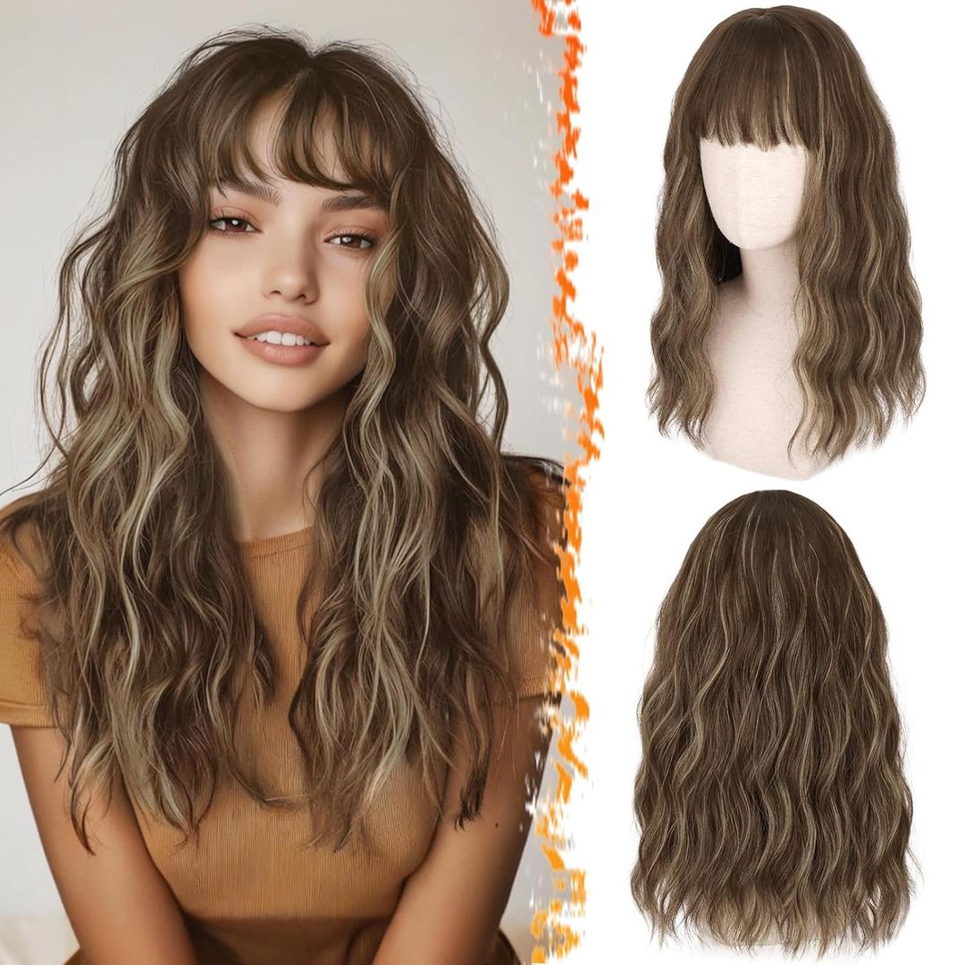 BARSDAR Medium Length Brown Blonde Wig With Bangs - 18 Inch Wavy Brown Blonde Highlight Wig With Bangs for Women, Curly Wavy Synthetic Shoulder Length Wigs Daily Party Halloween
