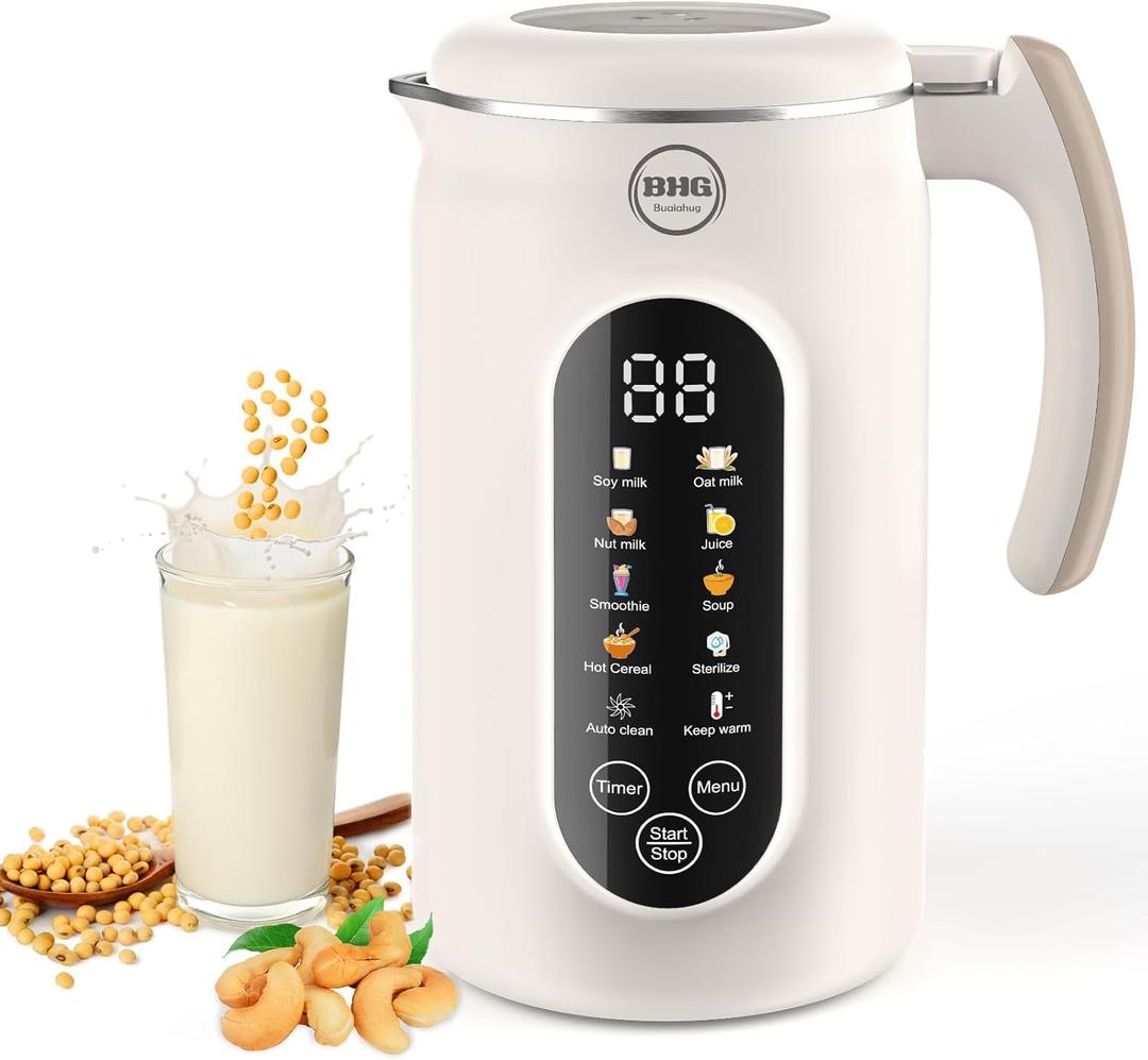 BHG 45oz Nut Milk Maker, Automatic Soy Milk Maker Machine with 14-Blade Grinder, 11 Functions & LED Touch Screen, Plant-Based Milk Machine for Almond, Oat & Soy, 18H Timer, Keep Warm & Self-Cleaning
