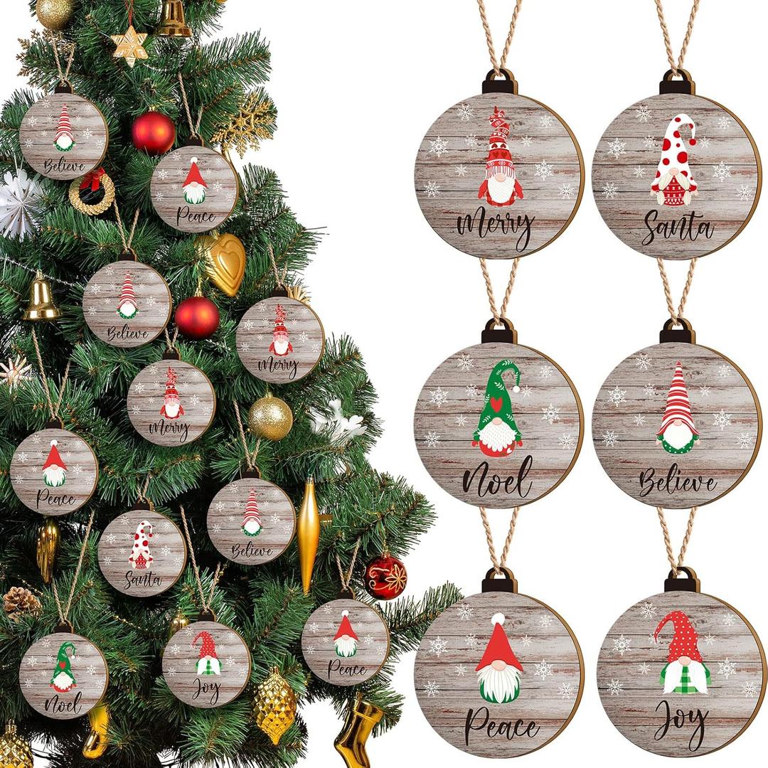 Blulu 36 Pcs Gnome Ornaments Wooden Christmas Tree Ornaments Hanging Round Rustic Farmhouse Christmas Tree Decorations with Ropes DIY Blank Back for Xmas Home Window Party Decor(White)