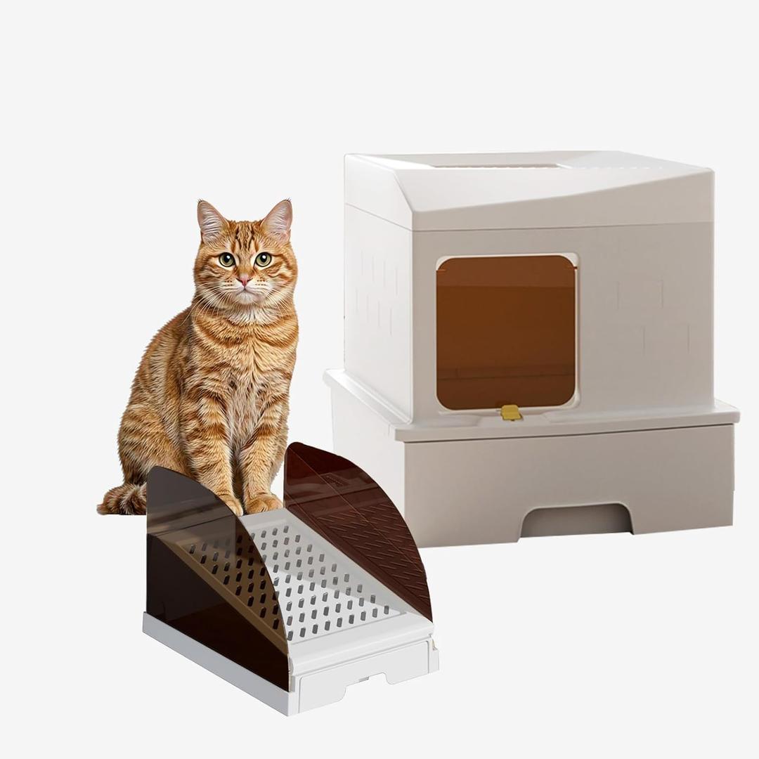 Enclosed Stainless Steel Cat Litter Box with Lid Extra Large Litter Box for Big Cats XL Metal Litter Pan Tray with High Wall Sides Enclosure, Non-Sticky, Anti-Leakage, Easy Cleaning (White, X-Large)