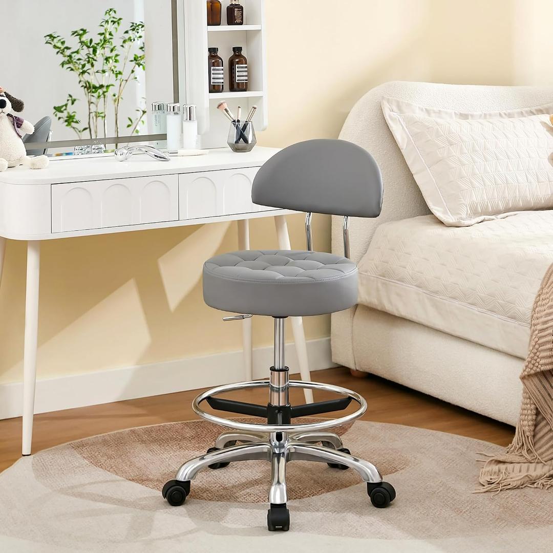 FIRAVOE Tattoo Chair for Artist (Ergonomic Backrest and Footrest) (Quiet Wheels and Aluminum Base) Swivel Shop Stool (Gray), With Back & Footrest