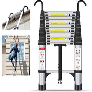 16.5 ft Aluminum Telescoping Ladder, 330 lb Load, Hooks, Portable Collapsible Ladder for Home & Work,Silver