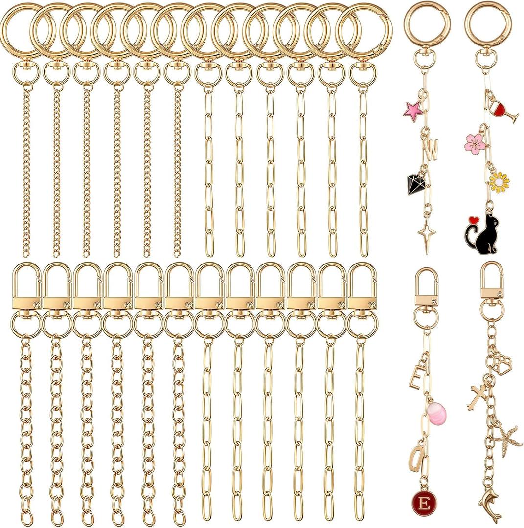 24 Pcs Keychain Making Kit Keychain Charms Making Kit Swivel Hook Lobster Claw Clasps Extender Chain for DIY Craft Lip Gloss Jewelry Keychains Bags Accessories Gift (Gold)