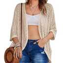HOTOUCH Womens Lightweight Cardigan Open Front 3/4 Sleeve Casual Loose Fit Beach Cover Up (Small)
