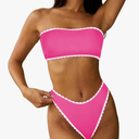 ZAFUL Women Strapless Textured Bandeau Bikini 2 Piece Swimwear Cheeky Solid Lace up Bathing Suits S
