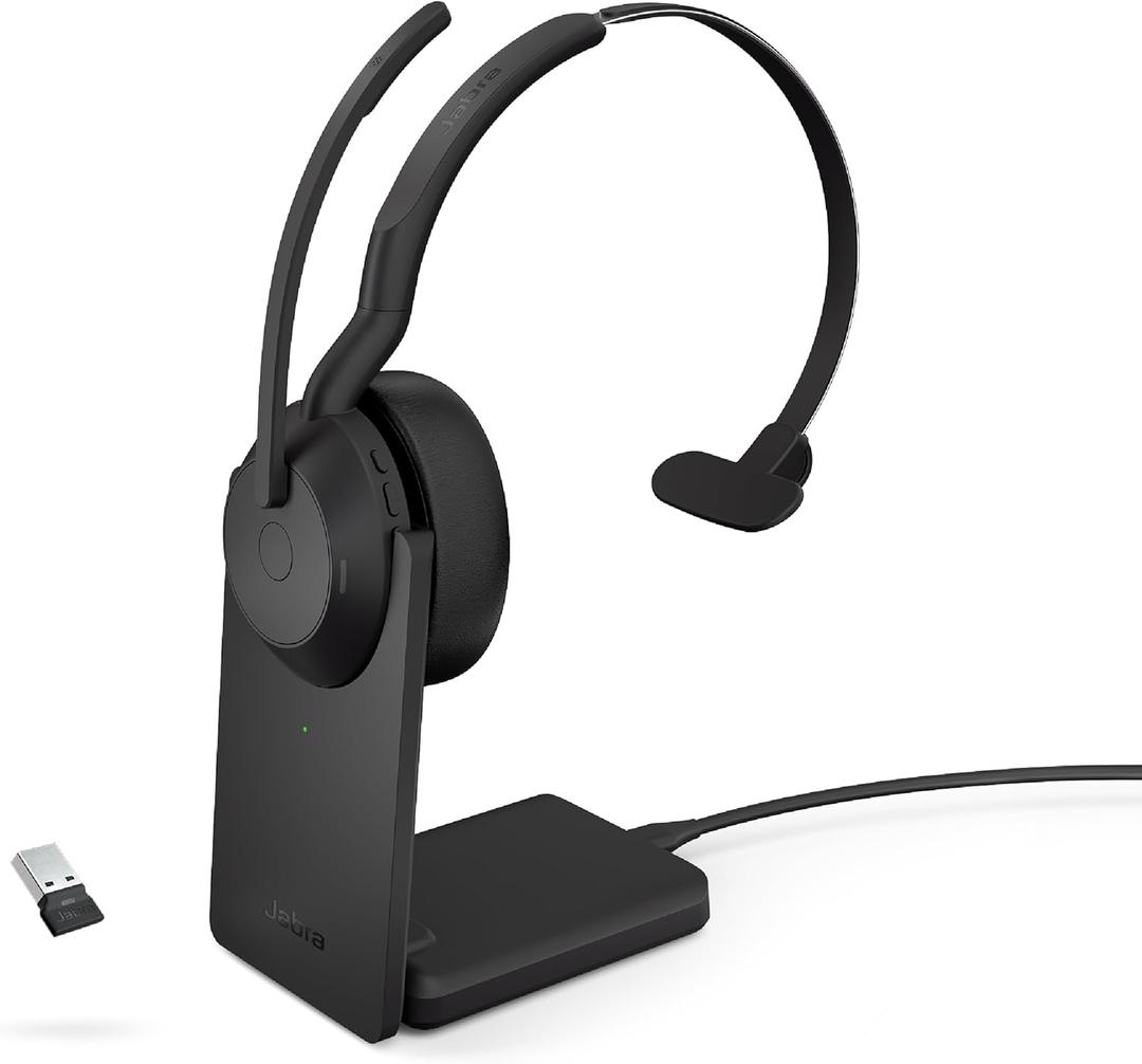 Jabra Evolve2 55 Mono Wireless Headset with Charging Stand AirComfort Technology, Noise-Cancelling Mics & Active Noise Cancellation - Works with UC Platforms Such as Zoom & Google Meet - Black (Single-ear, Stand + USB-A Dongle)