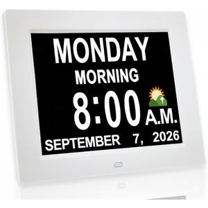 New 2026 Digital Calendar Alarm Day Clock - with 8" Large Screen Display, am pm, Multiple Alarms, for Impaired Vision People, The Aged Seniors, The Dementia, for Desk, Wall Mounted, (White)