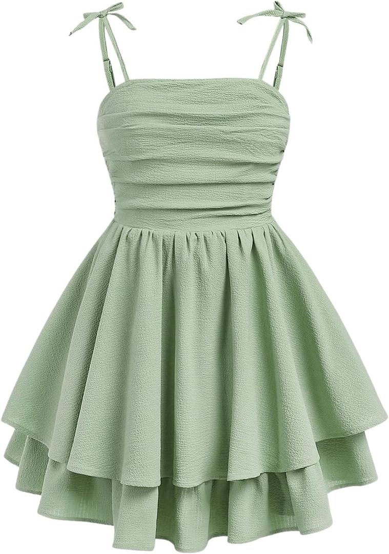 WDIRARA Girl's Tie Shoulder Layered Ruffle Swing Dress Smocked Ruched A Line Cami Dress (Green)