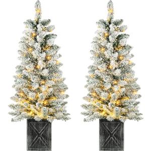 Set of 2 Christmas Trees with Lights 4-FT Artificial Potted Porch Snow Flocked Christmas Tree Battery Powered with 8 Modes and Timer for Indoor Outdoor