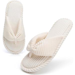 Womens Flip Flops Slippers with Memory Foam Cute Corduroy Bow House Slippers Indoors Outdoors Soft Anti-Skid Open Top (7.5-8.5 Women/5-6 Men, Beige)