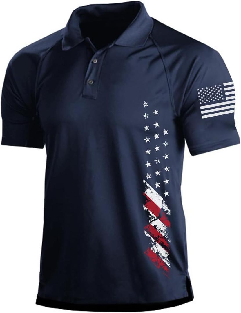H HYFOL Short Sleeve Polo Shirts for Men Graphic Stretch Casual American Patriotic Raglan Golf Polos for Men(Navy Blue, XXL)