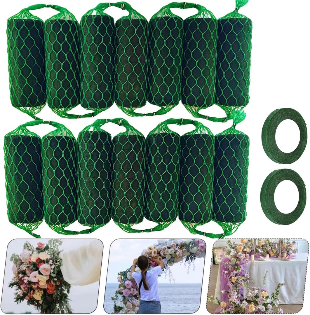 14Pcs Floral Foam Garland 9.2Ft Sponge Blocks Kit, Absorption Flower Holder Arch Door for Wet Dry Fresh Flowers Arrangement for Wedding Garden Home Decor (Floral Tape x 2pcs) (Green)