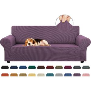 KEKUOU Stretch Sofa Cover Slipcover Couch Covers for 3 Cushion Couch Sofa pet Friendly (78"-94") Furniture Protector Sofa with Elastic Bottom for Kids,Dog, Jacquard Small Checked(Large,Dark Purple)