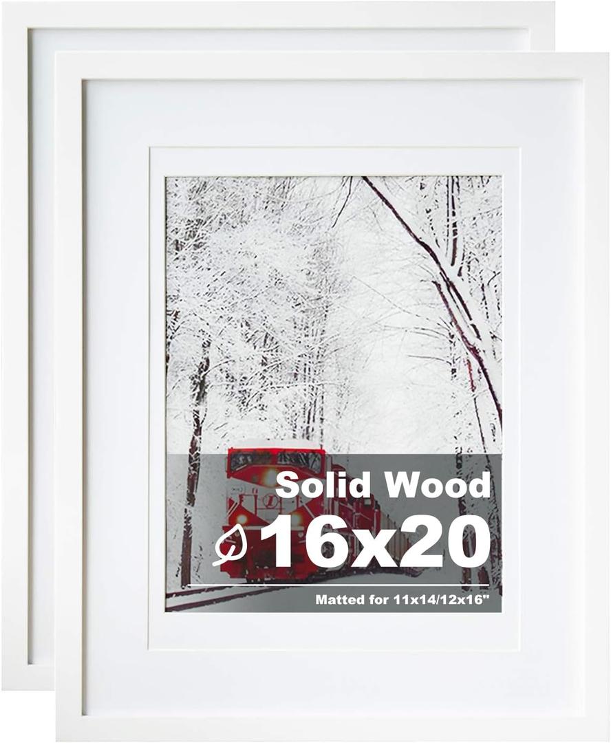 Egofine 16x20 Solid Wood Poster Frame Matted for 11x14 and 12x16 White - Acrylic Plexiglass Front for Wall Mounting Hanging Picture Frame Vertically or Horizontally, Set of 2