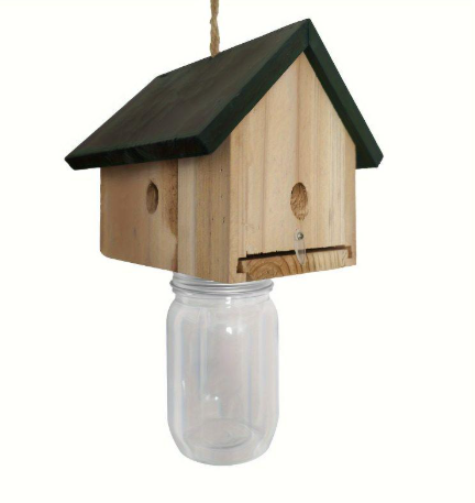 Bird / Wildlife Accessories for Birds, Wooden Hanging Burd Feedr with a Jar Dispenser, House-Shaped. Suitable for Small Birds Such as Hummingbirds, Chickadees and Sparrows, 1 Piece
